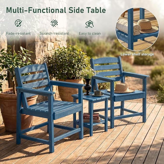 Furnimart 3-Piece Patio Bistro Set, HDPE Outdoor Chairs Set of 2 and Side Table, All-Weather Outdoor Furniture Set, Modern Conversation Sets with Coffee Table for Garden, Balcony, Porch, Blue