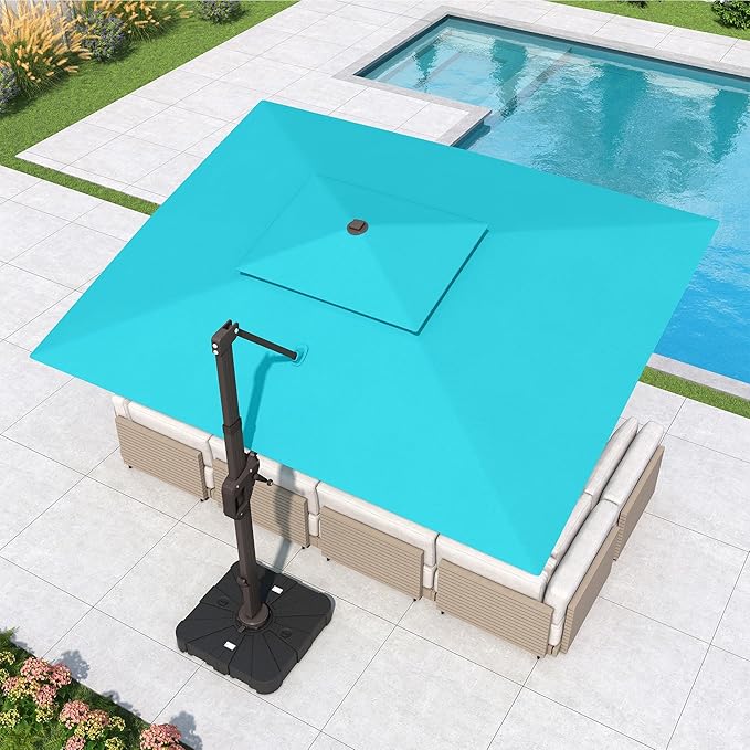 10x13 FT Cantilever Patio Umbrella with Led Lights Double Top Outdoor Rectangular Large Heavy Duty Aluminum Offset Umbrellas with 7 Level Tilt 360-degree Rotation for Pool Garden Deck, Turquoise