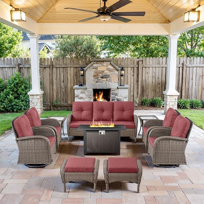 Belord Expansive 10 Pieces Outdoor Patio Furniture Set with 43” Propane Fire Pit Table, Patio Conversation Set with Swivel Rocker Outdoor Chairs Set of 4 and Sofa, Ottoman and Wicker Side Table Gray