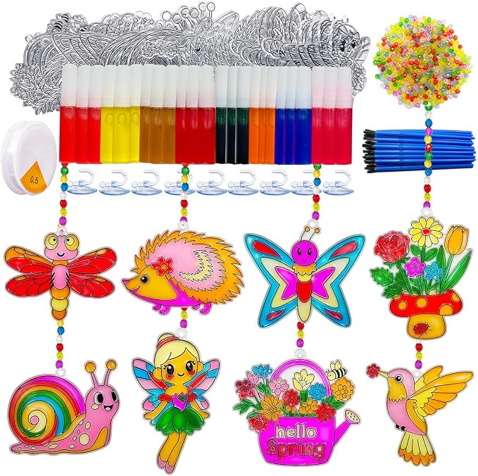 32 Sets Spring Flower Suncatcher Kit Butterfly Suncatchers DIY Window Art Kit Paint Sun Catcher Ornaments for Spring Easter Home Activity Art Craft Project Birthday Party Favors
