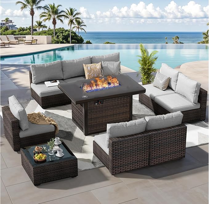 Patio Furniture Set with Fire Pit Table 10 Piece All Weather PE Rattan Outdoor Sectional Sofa Couch with 8 x armless sofa, No-Slip Cushions and Glass Top Table for Garden, Poolside, Backyard (Gray)