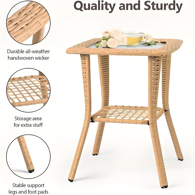 Outdoor Wicker Side Table with Glass Top, Rattan End Table for Patio Garden Porch Balcony, 2-Tier Beige Indoor Outdoor Coffee Bistro Table, Water Ripple Tempered Glass and Powder-Coated Steel Frame