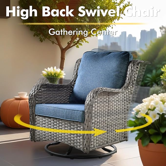 Wicker Patio Furniture Set, 8 Pieces Outdoor Sectional Sets with 6 Seats, Rattan Conversation Set with Swivel Chairs for Garden and Backyard, l Shape Couch Set