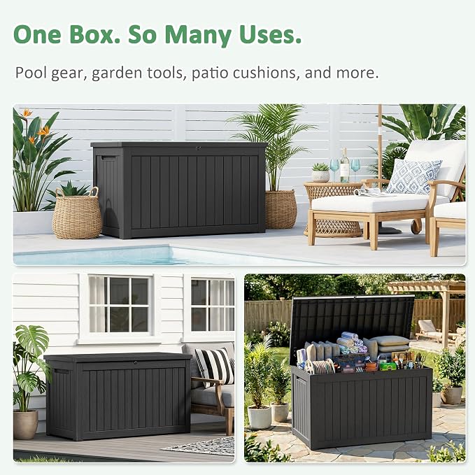 PatioZen 310 Gallon Deck Box Outdoor Storage Box, Waterproof and UV Resistant, Lockable&Resin for Patio Cushions Storage Furniture, Garden Tools, Pool Supplies(Black, 310 Gallon)
