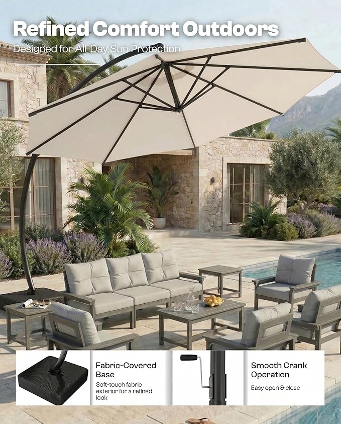 11 FT Cantilever Umbrella with Base Included, Large Round 360° Rotation Offset Umbrella Outdoor Patio, Heavy Duty Aluminum Frame, Sand-Weighted Stand, for Deck, Backyard, Pool, Garden (Cream White)