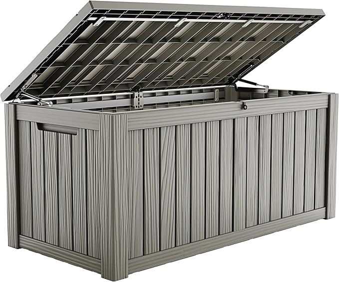 ROJIK 150 Gallon Outdoor Storage Box Waterproof,Weatherproof Deck Boxes Outdoor Lockable,Resin Outside Storage Box for Garden Tools,Cushions,Pool Accessories(Grey,150 Gal)
