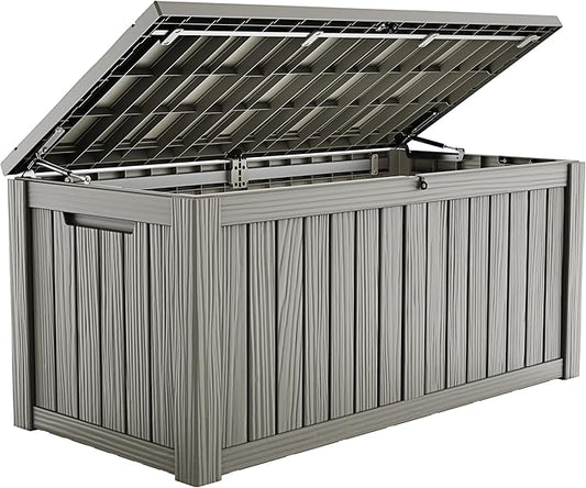 ROJIK 150 Gallon Outdoor Storage Box Waterproof,Weatherproof Deck Boxes Outdoor Lockable,Resin Outside Storage Box for Garden Tools,Cushions,Pool Accessories(Grey,150 Gal)