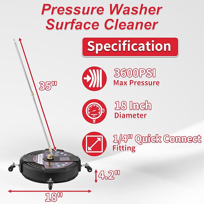 Tool Daily 18” Surface Cleaner for Pressure Washer with 4 Wheels, 2 Extension Wands, Power Washer Surface Cleaner for Driveway, Sidewalk, Concrete, Patio Cleaning, 3600 PSI