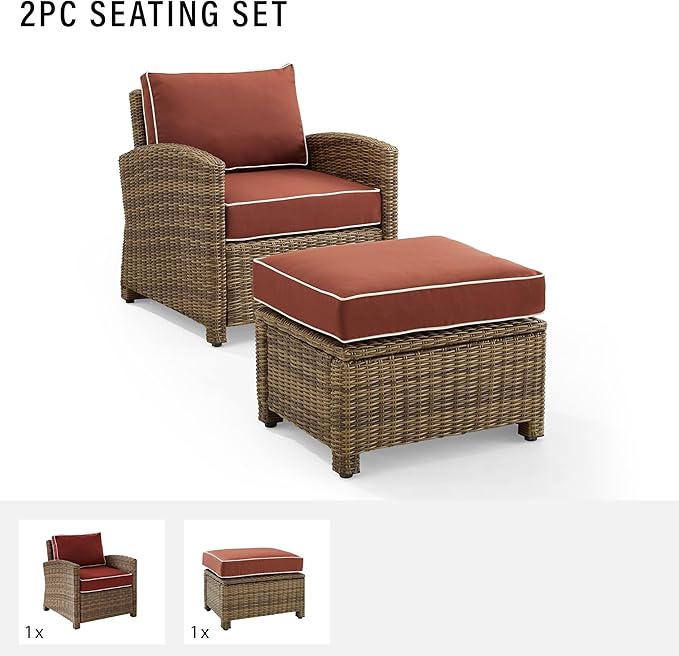Crosley Furniture Bradenton 2-Piece Outdoor Chair and Ottoman Set, Wicker Patio Conversation Sets for Porch, Brown with Sangria Cushions