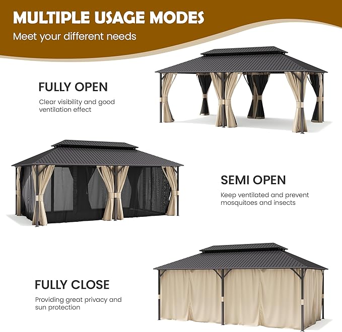 UDPATIO 12'x20' Hardtop Gazebo, Outdoor Metal Gazebo with Galvanized Steel Double Roof, Permanent Pavilion with Netting and Curtains for Lawn, Garden, Patio, Beige