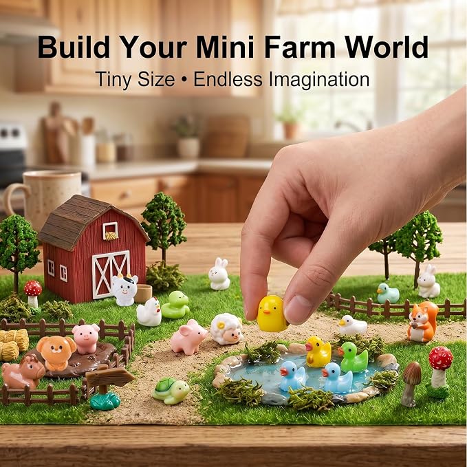 Zerobe 40Pcs Mini Farm Animal Figurines: Resin Fairy Garden Accessories | 40 Unique Resin Farm Animal Figurines: Small miniature garden figurines for DIY crafts, terrarium decor & mini displays.