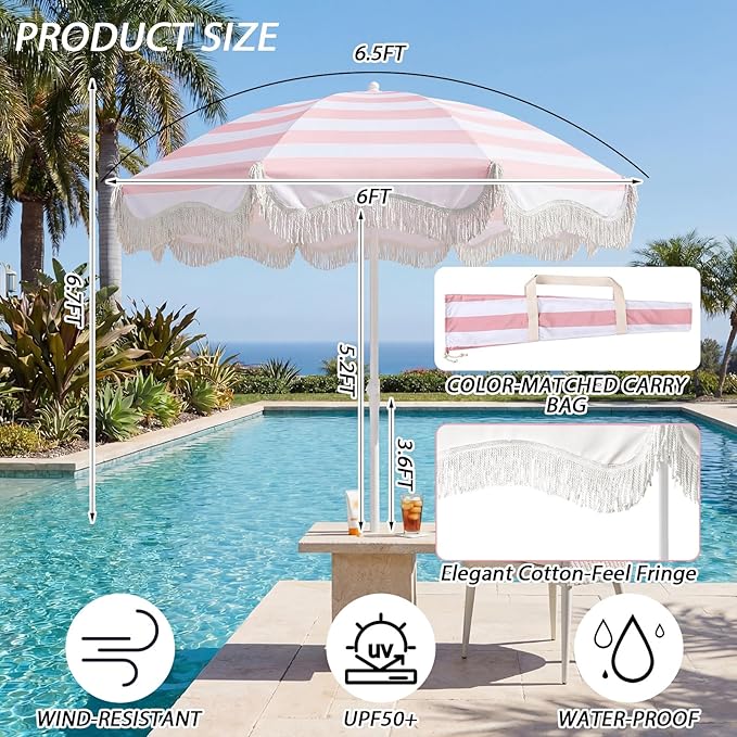 Boho Fringe Beach Umbrella with Extra Large Picnic Blanket Set, 6.5Ft UPF50+ Tassel Ruffles Umbrella 71"x 91" Picnic Blanket for Beach Wedding Bridal Shower Birthday Party Patio Lawn