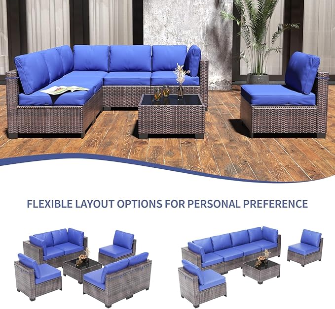 7 Piece Outdoor Patio Furniture Set, PE Rattan Conversation Sofa Set, Wicker Patio Set w/Thick Cushions & Glass Top Coffee Table, All-Weather Outside Furniture for Garden, Balcony, Porch(Brown+Blue)