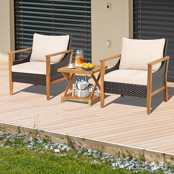 Tangkula 3 Pieces PE Wicker Patio Bistro Set, Outdoor Acacia Wood Conversation Set with Cushions and 2-Tier Coffee Table, Outdoor Patio Porch Furniture Set (Natural)