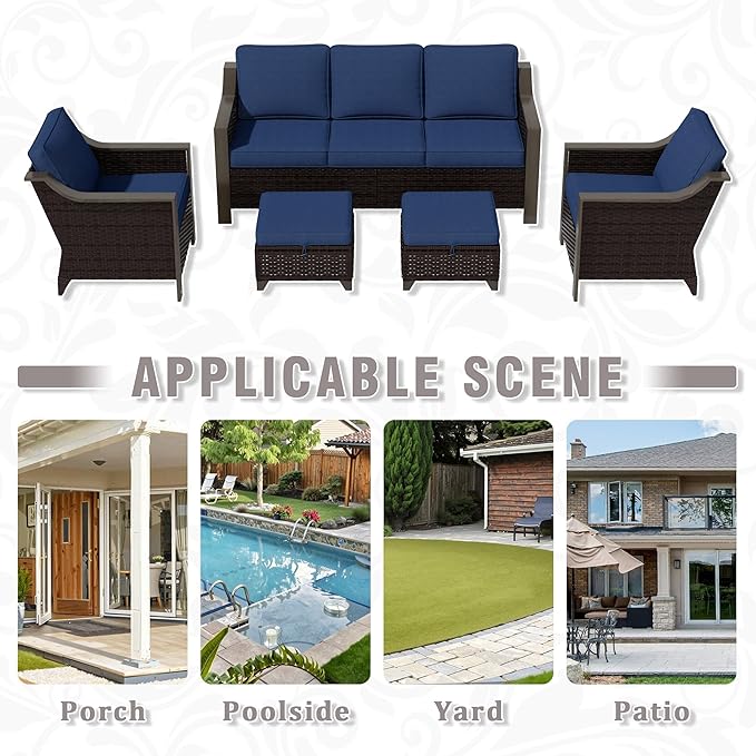 5 Piece Wicker Patio Conversation Set, All-Weather Use Outdoor 2 PE Rattan Chair, 2 Ottoman, 1 Patio Sofa, Removable Water-Resistant Cushion, Ideal for Porch, Backyard, Balcony, Poolside, Blue