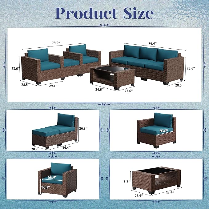 KIGOTY Patio Furniture Set 7 PCS Patio Conversation Sets, All-Weather PE Rattan Outdoor Sectional Sofa with Cushion and 2- Tier Glass Coffee Table（Brown/Peacock Blue）