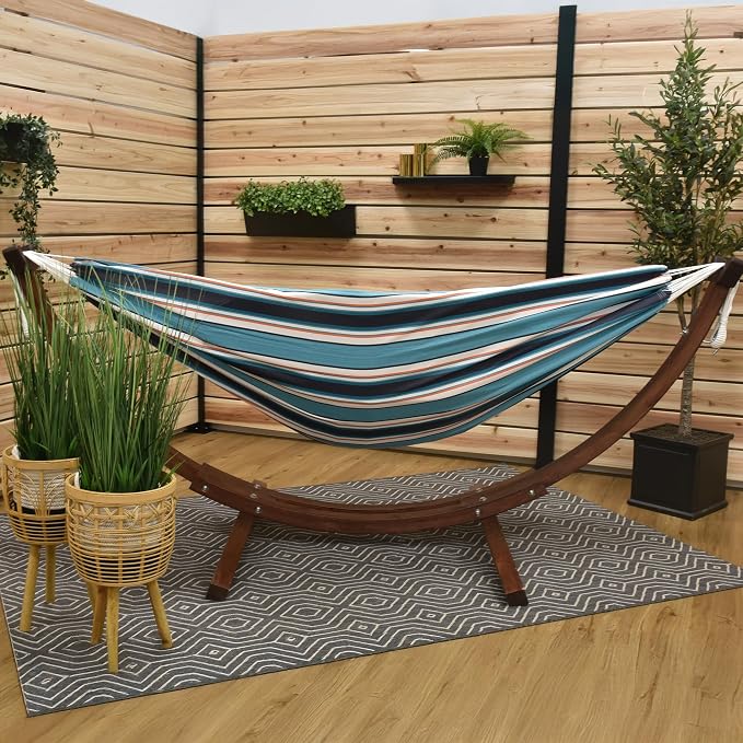 Vivere Double Sunbrella Hammock with Solid Pine Arc Stand - 450 lb Capacity, Durable FSC Wood Frame, Includes Hardware & User Guide - 450 lb Weight Capacity (Token Surfside)
