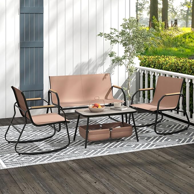 Tangkula 8 Pieces Patio Furniture Set with 2 Rocking Bistro Chairs, Outdoor Conversation Set with 2-Tier Coffee Table and Breathable Fabric Chairs for Porch, Garden, Lawn and Backyard (2, Brown)