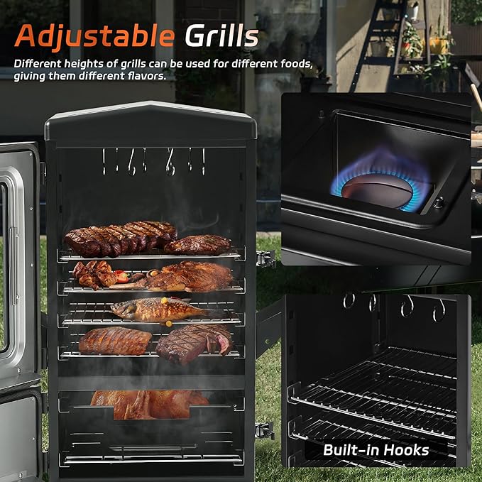Large Vertical Propane Smoker Grill 4-Rack Outdoor Gas BBQ Smoker with Temperature Control, Heavy Duty Design & Weather-Resistant Cover for Meat, Fish, Ribs