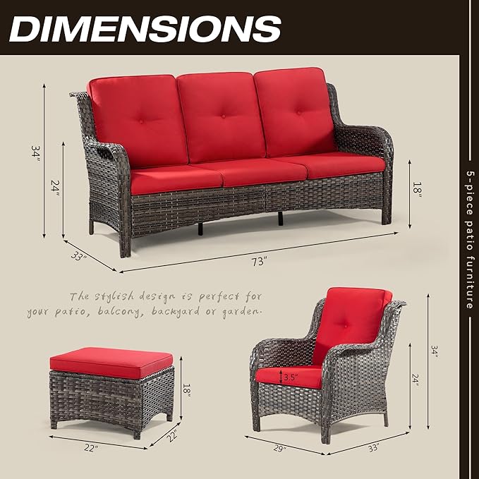 Patio Furniture Set 5-Piece Wicker Outdoor Furniture Conversational Set with 3-Seat Sofa, 2 Armchairs, 2 Ottoman Patio Rattan Wicker Sectional Sofa Set with Olefin Cushions, Red
