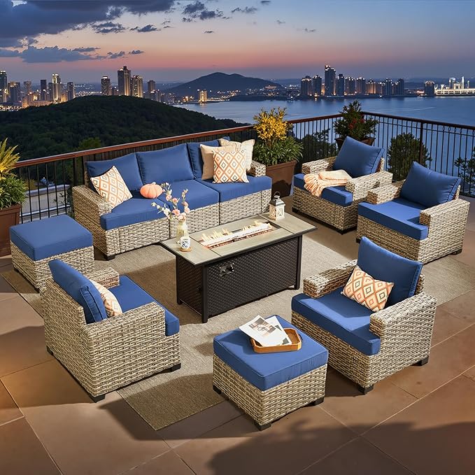 ovios 10 Piece Patio Sectional Furniture with 42in Fire Pit Table, Rattan Wicker Coversation Setwith Single Chairs, Outdoor Sofa Set for Outside Porch Balcony Backyard Pool, Navy Blue