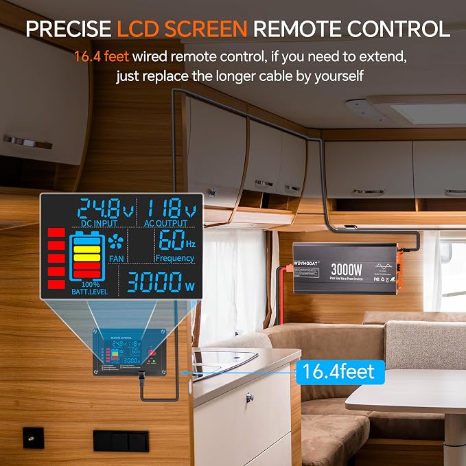 3000W Pure Sine Wave Inverter,24V DC to 120V AC Car Power Inverter 6000W Peak with 4 AC Outlets, 3.0A USB and Type-C, LCD Display 16.5 ft Remote Control for RV Truck Travel Solar Emergency