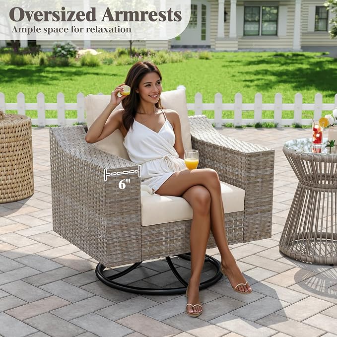 LUXOAK Outdoor Glider Rocking Chair, Wicker 360° Swivel Patio Chairs with 6" Wide Armrests, All-Weather PE Rattan Single Sofa Seat with Thick Cushions, for Porch/Deck/Garden/Backyard