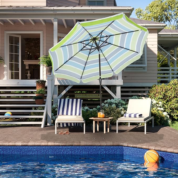 JEAREY 9' 2-Tiers Patio Umbrellas Outdoor Market Table Umbrella w/Push Button Tilt/Crank, 8 Sturdy Ribs, UV Protection Waterproof Sunproof(Bold Blue-Green Stripe)