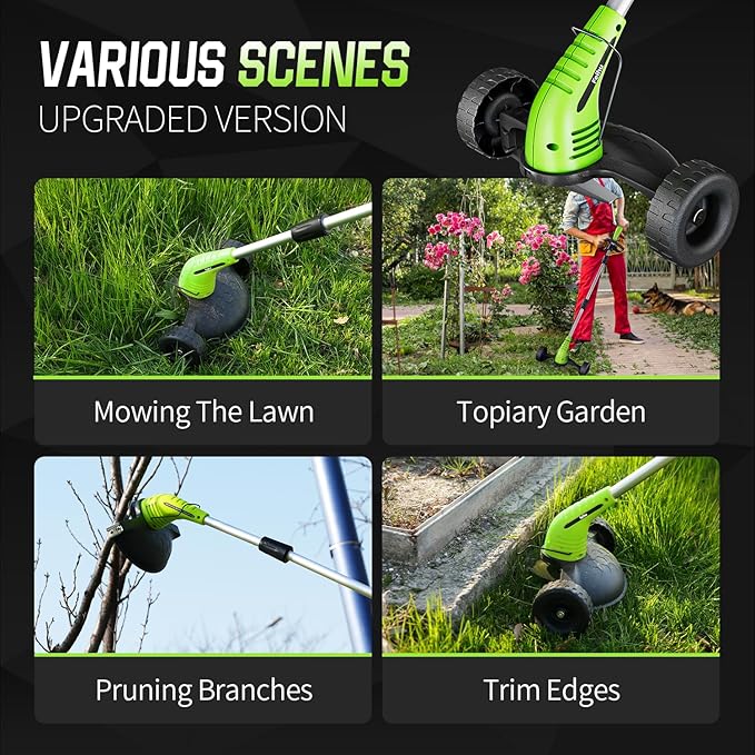 Electric Weed Wacker: Cordless Weed Trimmer with 2 * 2.0Ah Li-Ion Battery Powered & 4 Cutting Blade Types, Wheel Trimmer Lightweight Ajustable Pole &Back-Friendly Compact Power Tool for Lawn Yard Work