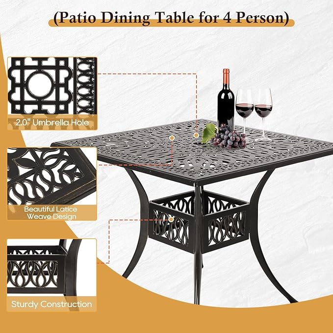 5-Piece Cast Aluminum Outdoor Patio Dining Set, All Weather Cast Aluminum Outdoor Furniture Dining Set for Patio, Balcony, Lawn, Garden, Backyard w/4 Chairs and Cushions, 2.0" Umbrella Hole