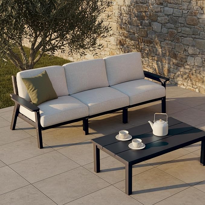 Patio Furniture Set 3 Seats, HDPE Outdoor Sectional with Washable Beige Thick Cushions, Coffee Table & Side Table, Patio Conversation Sets for Lawn, Garden, Porch, Balcony (Black Frame)