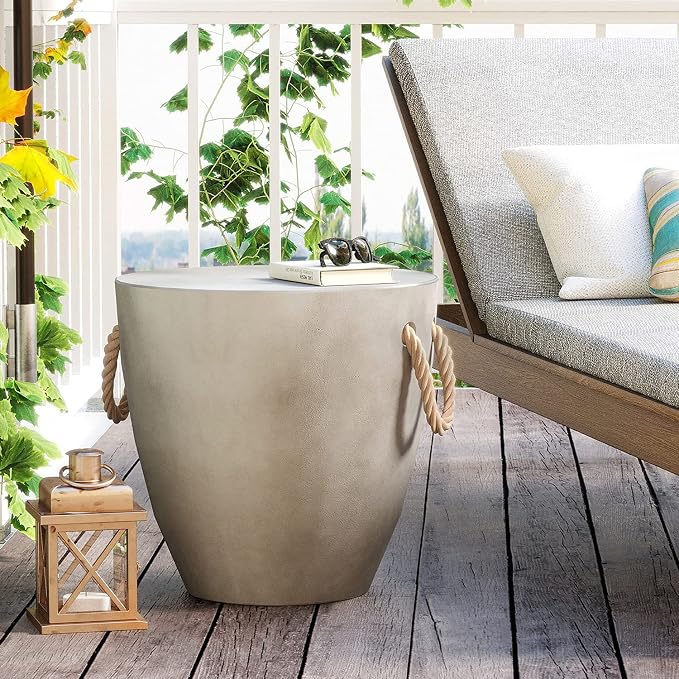 HOMPUS Outdoor Side Table Round, Concrete Accent Modern End Table w Rope Handle, Patio Drum Coffee Table, Garden Planter Stool Decor for Backyard, Indoor, Living Room, Light Gray