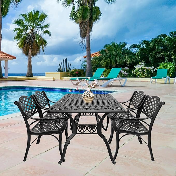Patio Dining Table, Rectangular Outdoor Dining Table, 59" x 28.7" Rectangle Cast Aluminum Patio Table with Umbrella Hole for Backyards, Porch, Garden or Poolside