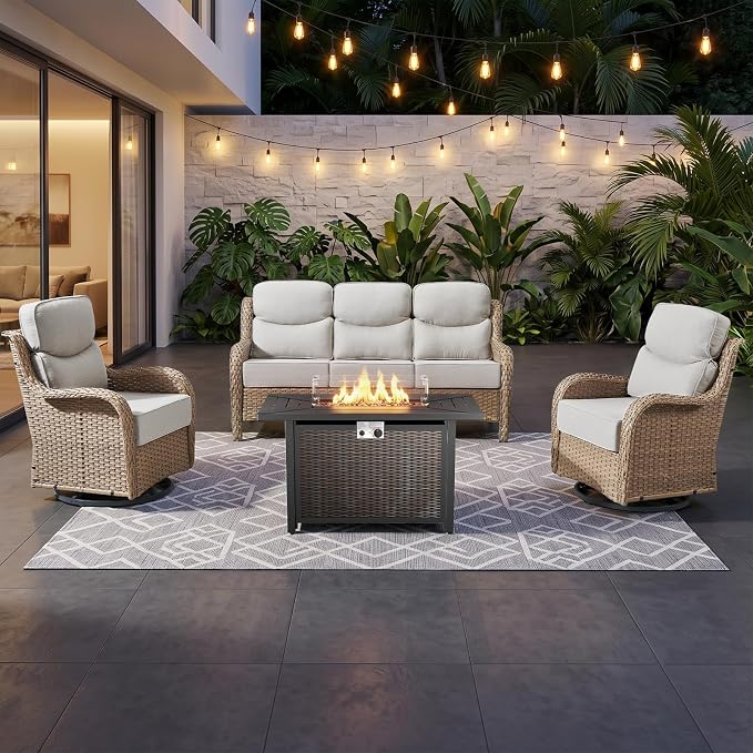 Luxury High Back Outdoor Furniture 6-Inch Thick Cushions with 50,000 BTU Gas Propane Fire Pit Tablet, Patio Furniture Set with Swivel Chairs, for Porch, Balcony, Deck and Yard