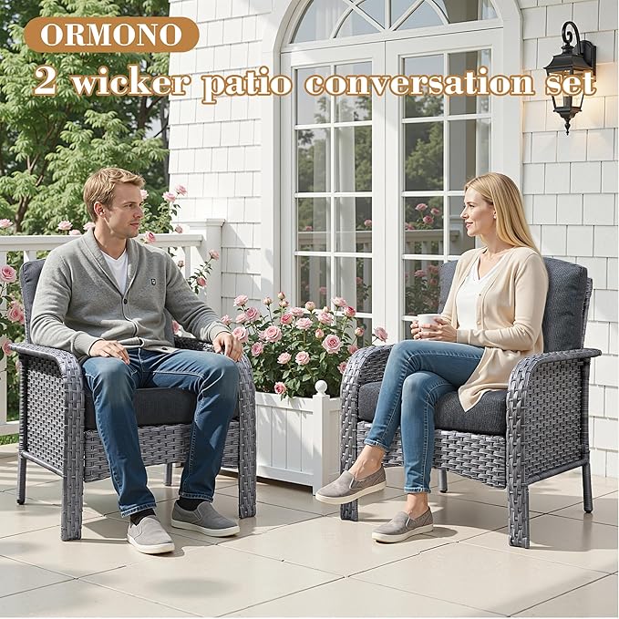 2 Pieces Patio Furniture Set, Two Single Chair Outdoor Furniture, All-Weather Rattan Wicker High Back Conversation Set of 2 for Small Space Porch, Backyard, Balcony, Black