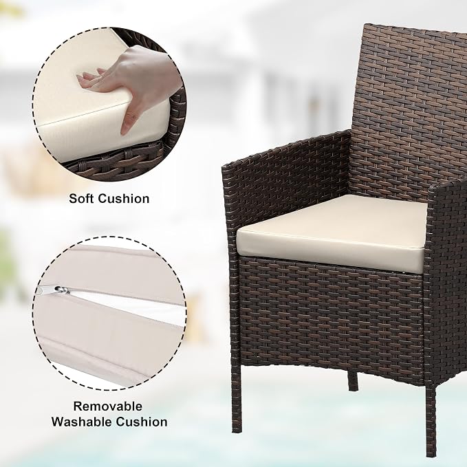 GarveeLife 3 Pieces Patio Furniture Set, Outdoor Furniture Sets with Cushions and Tempered Glass Table for Porch & Garden, Brown Wicker/Beige Cushions