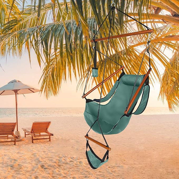 Hammock Hanging Sky Chair with Footrest, Folding Camping Air Deluxe Swing Seat with Rope, Heavy Duty Foldable Rocker with Cup Holder for Outdoor Beach Patio Sport Lawn (Green)