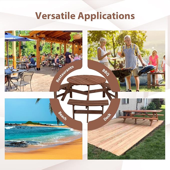 6 Person Outdoor Picnic Table with 3 Built-in Benches Round Wood Picnic Table with Umbrella Hole, Outside Picnic Tables and Bench Set for Garden,Patio, Backyard,1720LBS Total Capacity,Walnut Brown