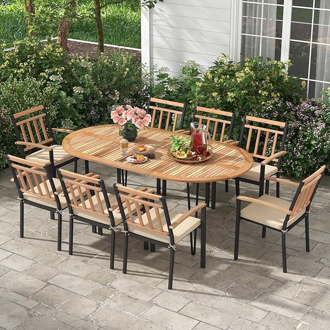 Tangkula 9 Pieces Outdoor Dining Set, Patio Furniture Set with Acacia Wood Top & Umbrella Hole, Metal Frame, Armchairs with Removable Cushions, Wood Dining Table & Chair Set for Yard, Garden, Deck