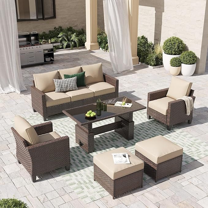 SUNSITT Outdoor Patio Furniture Set 6 Piece Wicker Conversation Set with Lift Coffee Table Sectional Dining Set 3 Seat Sofa Couch with Ottoman, Brown Wicker & Beige Cushion