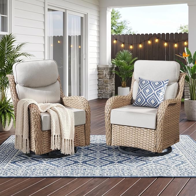 High Back Outdoor Swivel Rocker Patio Chairs with 6-Inch Cushions and Zoned Backrest, Deep Seat Wicker Patio Furniture Set for Deck Porch Garden Balcony and Poolside