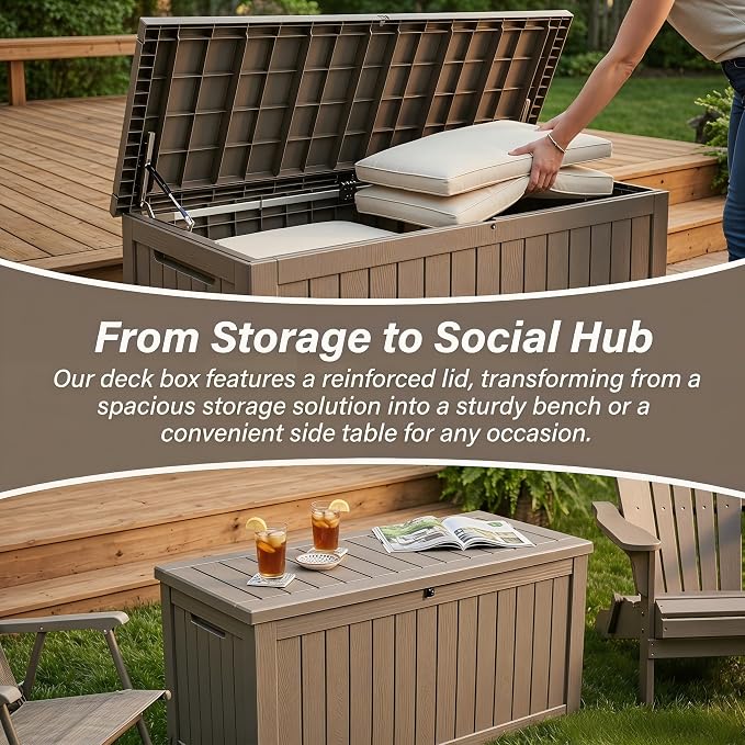 146 Gallon Deck Box, Waterproof Outdoor Storage Box, Lockable Resin Patio Storage Box for Cushions, Garden Tools & Pool Accessories, Heavy Duty Outdoor Storage Bench, Gray Brown