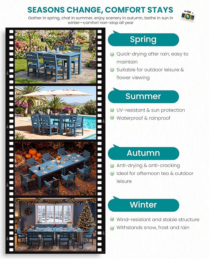 SERWALL 59" HDPE Outdoor Dining Set for 6, w/ 1 Table & 6 Chairs, Blue | Armless Patio Dining Sets for All Weather Use