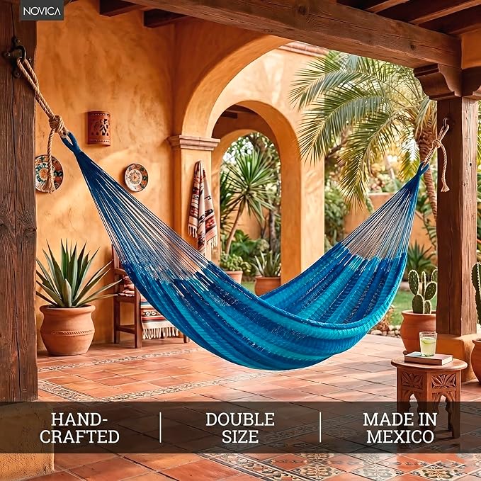 NOVICA Multicolor Sky Blue Striped Hand Woven Nylon Mayan 1 Person Rope Hammock, 'Blue Caribbean' (Single)