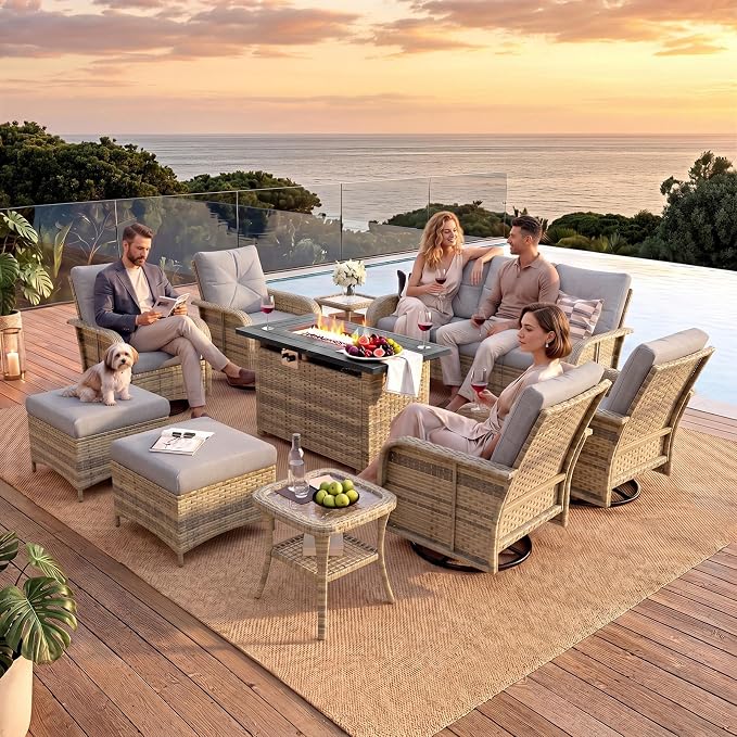 LazySunsets 12 Piece Outdoor Patio Furniture Set with 44'' Fire Pit Table, Wicker Rattan Outdoor Furniture with High Back Swivel Rocker Chairs, Outdoor Sofa Set with Thick Cushions & Ottoman, Grey
