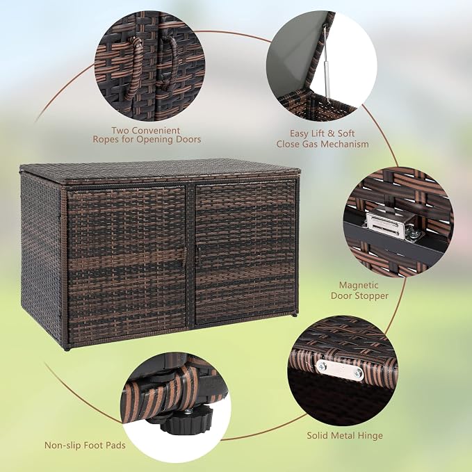 Henf Outdoor Wicker Storage Box Patio Rattan Deck Box with Double Doors & Shelf, All Weather Patio Furniture Storage Organizer for Storing Tools, Accessories and Toys (Brown)
