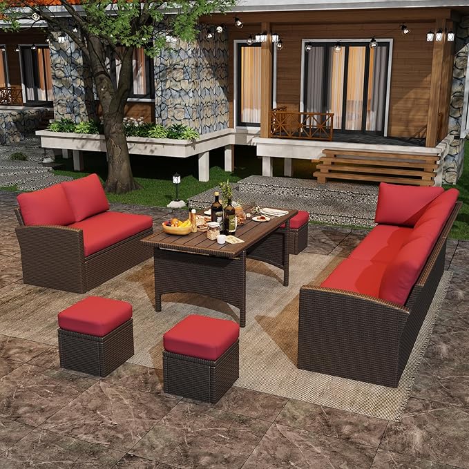 U-MAX 7 Pieces Patio Furniture Set with Waterproof Cover, Outdoor Sectional Sofa Conversation Set, All Weather Wicker Rattan Dining Table & Chair with Ottoman, Brown Rattan&Red Cushion