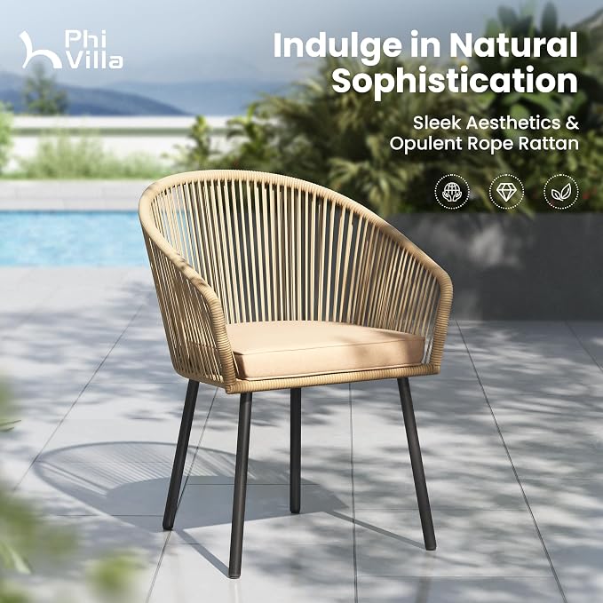 PHI VILLA 5-Piece Patio Dining Set, 37" Square Table, Wicker Chairs | Outdoor Dining Set for 4, Metal Table with Umbrella Hole, Cushioned Brown Rattan chairs. Modern design for patio, deck, porch