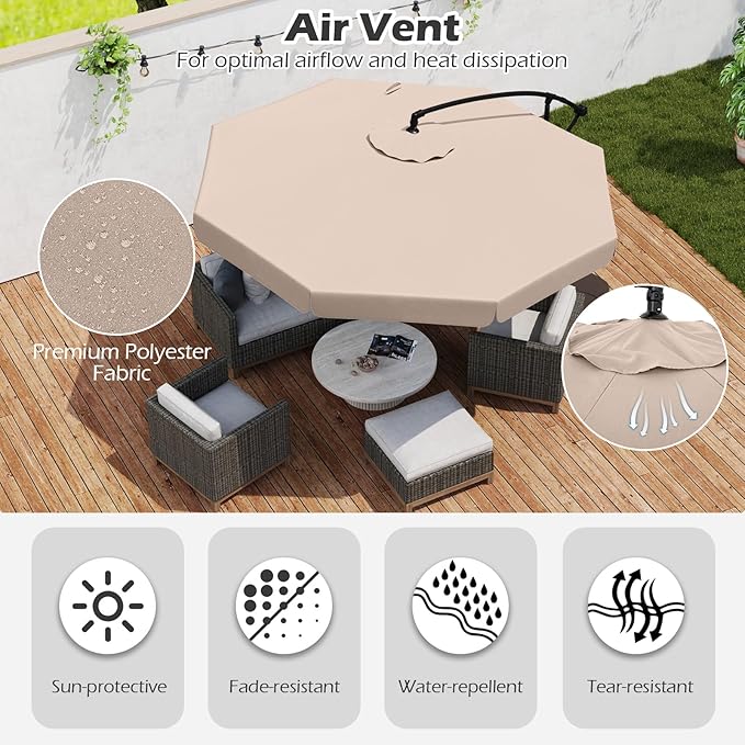 Tangkula 10FT Offset Hanging Umbrella with Cover, Patio Cantilever Umbrella w/ Easy Tilt Adjustment, Crank, Ruffled Edge, 8 Ribs, Sun-Protective Canopy, Heavy-Duty Outdoor Parasol for Pool Garden Deck (Beige)