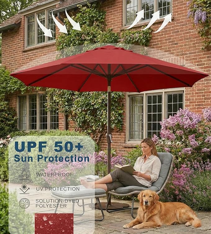 PatioKingdom 9FT Patio Outdoor Umbrella-UPF 50+ Sun Shade with Wind Vent, Push-Button Tilt & Smooth Crank Lift, Rust-Resistant Fiberglass Frame for Garden, Backyard,Yard (Red)